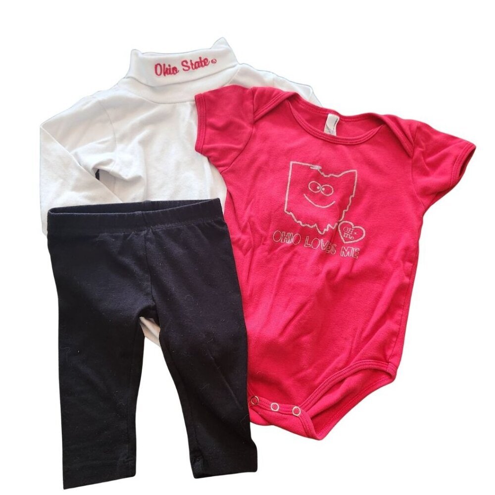 BUNDLE (3) Ohio State Buckeyes Girls Clothes White Shirt Pants Bodysuit 12-18M